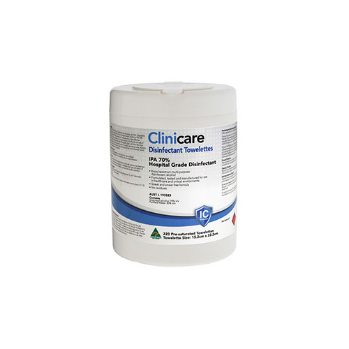 Clinicare Alcohol IPA 70% Bactericidal Towelette Canister